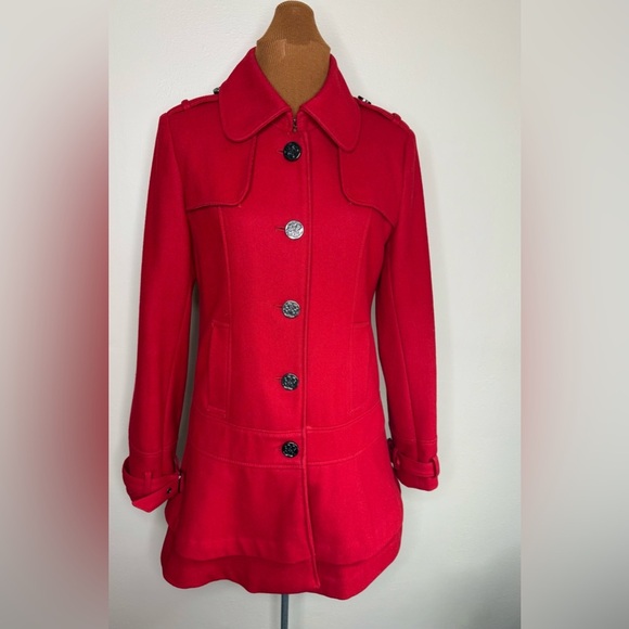 Guess Red Wool Blend Pea Coat Logo Button Front Size Small - Picture 1 of 9